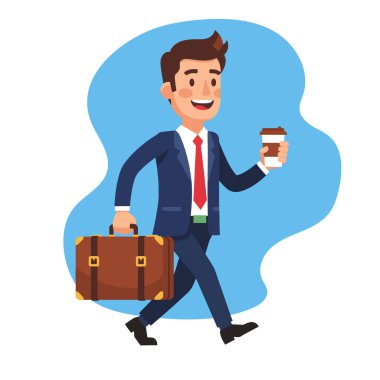 Neşeli İşadamı Kahve ve Evrak Çantası Vektör İllüstrasyonuyla Yürüyor