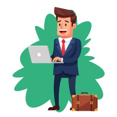 Laptop Bilgisayar Vektörü İllüstrasyonunu Kullanmakta Başarılı İşadamı