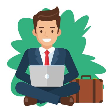 Serbest İşadamı Laptop Vektör İllüstrasyonunda çalışıyor