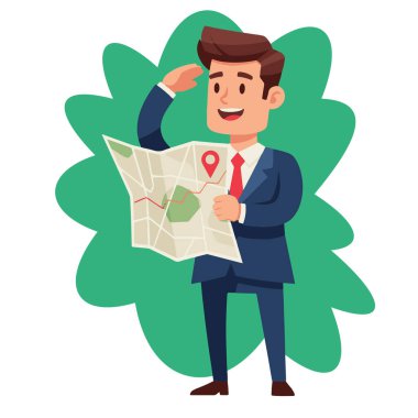 Gülümseyen İşadamı Harita ile Yönlendirme Vektörü Resmini Arıyor