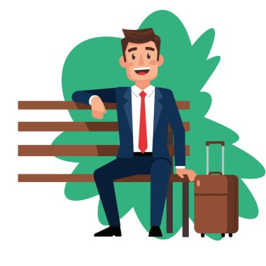 Gülümseyen İşadamı Bavul Vektörü İllüstrasyonuyla Bench 'te oturuyor