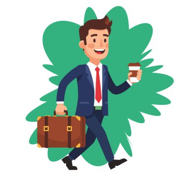 Neşeli İşadamı Kahve ve Evrak Çantası Vektör İllüstrasyonuyla Yürüyor