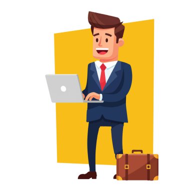 Laptop Bilgisayar Vektörü İllüstrasyonunu Kullanmakta Başarılı İşadamı