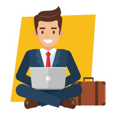 Serbest İşadamı Laptop Vektör İllüstrasyonunda çalışıyor