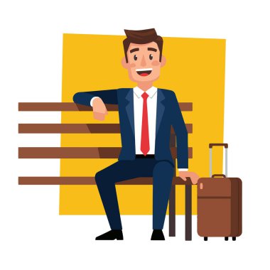 Gülümseyen İşadamı Bavul Vektörü İllüstrasyonuyla Bench 'te oturuyor