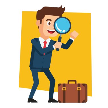 Meraklı İşadamı Büyüteç Vektör İllüstrasyonuyla İnceleme