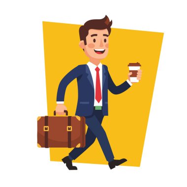 Neşeli İşadamı Kahve ve Evrak Çantası Vektör İllüstrasyonuyla Yürüyor