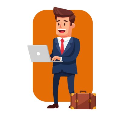 Laptop Bilgisayar Vektörü İllüstrasyonunu Kullanmakta Başarılı İşadamı