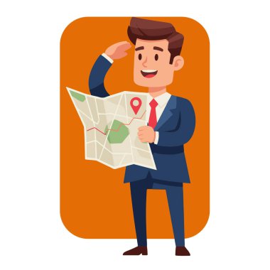 Gülümseyen İşadamı Harita ile Yönlendirme Vektörü Resmini Arıyor