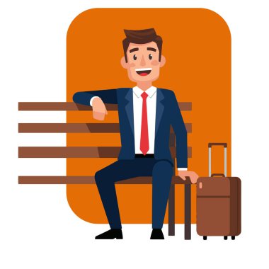 Gülümseyen İşadamı Bavul Vektörü İllüstrasyonuyla Bench 'te oturuyor