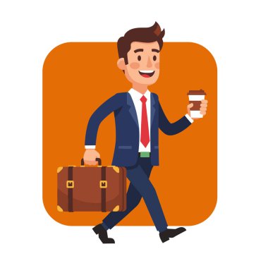 Neşeli İşadamı Kahve ve Evrak Çantası Vektör İllüstrasyonuyla Yürüyor