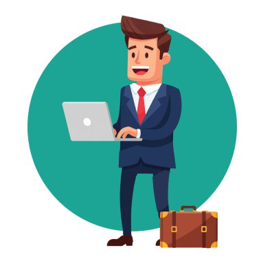 Laptop Bilgisayar Vektörü İllüstrasyonunu Kullanmakta Başarılı İşadamı