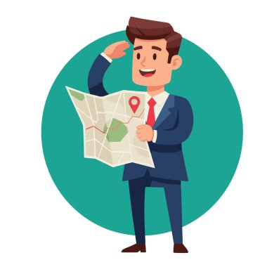 Gülümseyen İşadamı Harita ile Yönlendirme Vektörü Resmini Arıyor