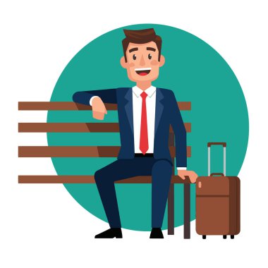 Gülümseyen İşadamı Bavul Vektörü İllüstrasyonuyla Bench 'te oturuyor