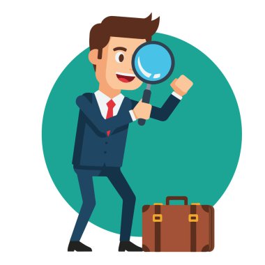 Meraklı İşadamı Büyüteç Vektör İllüstrasyonuyla İnceleme