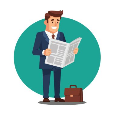 Mutlu İş Adamı Gazete Okuyan Vektör İllüstrasyonu