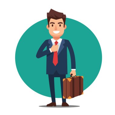 Gülümseyen İşadamı Kravatı Çanta Vektörü İllüstrasyonuyla Ayarlıyor