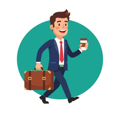 Neşeli İşadamı Kahve ve Evrak Çantası Vektör İllüstrasyonuyla Yürüyor