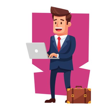 Laptop Bilgisayar Vektörü İllüstrasyonunu Kullanmakta Başarılı İşadamı