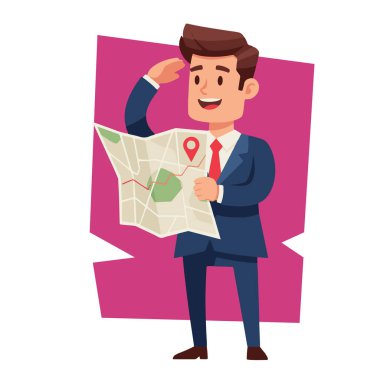 Gülümseyen İşadamı Harita ile Yönlendirme Vektörü Resmini Arıyor