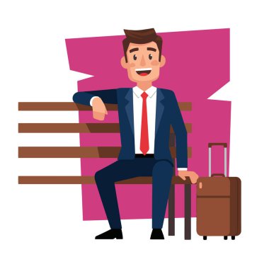 Gülümseyen İşadamı Bavul Vektörü İllüstrasyonuyla Bench 'te oturuyor