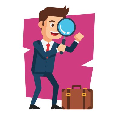 Meraklı İşadamı Büyüteç Vektör İllüstrasyonuyla İnceleme