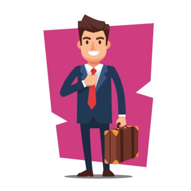 Gülümseyen İşadamı Kravatı Çanta Vektörü İllüstrasyonuyla Ayarlıyor