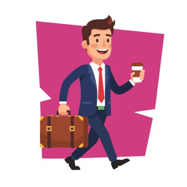 Neşeli İşadamı Kahve ve Evrak Çantası Vektör İllüstrasyonuyla Yürüyor
