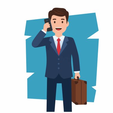 Telefonla Konuşan ve Evrak Çantası Tutan Bir İşadamının Vektör İllüstrasyonu