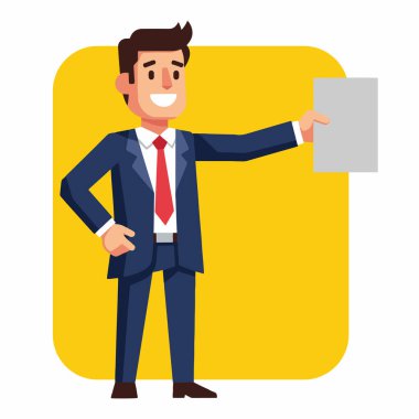 Gülümseyen İşadamı Boş Kağıt Vektörü İllüstrasyonunu Sunar