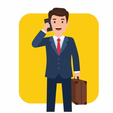 Telefonla Konuşan ve Evrak Çantası Tutan Bir İşadamının Vektör İllüstrasyonu
