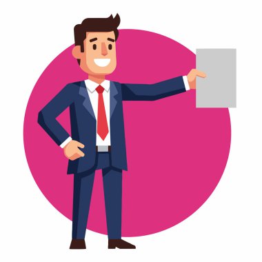 Gülümseyen İşadamı Boş Kağıt Vektörü İllüstrasyonunu Sunar