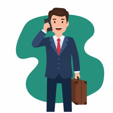 Telefonla Konuşan ve Evrak Çantası Tutan Bir İşadamının Vektör İllüstrasyonu