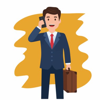Telefonla Konuşan ve Evrak Çantası Tutan Bir İşadamının Vektör İllüstrasyonu