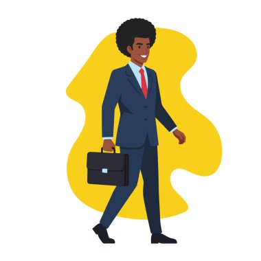 Afro Erkek İşadamı Evrak Çantası Düz Vektör İllüstrasyonuyla Yürüyor