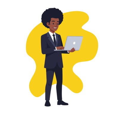 Laptop Düz Vektör Resmini Kullanan Afro Erkek İşadamı