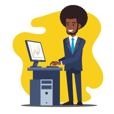 Veri Tablosu Düz Vektör İllüstrasyonuyla Bilgisayar Üzerinde Çalışan Afro İşadamı