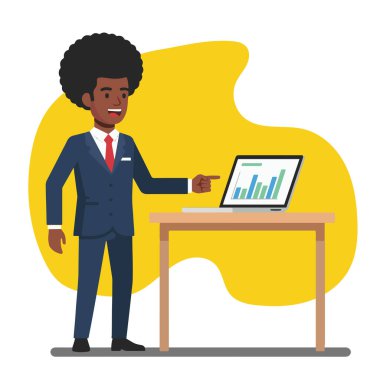 Afro İş Adamı Laptop Düz Vektör Resimlerinde Verileri Sunar