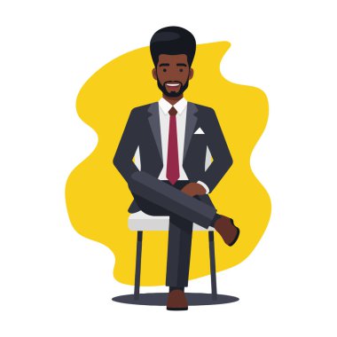 Afro İşadamı Düz Vektör İllüstrasyonunda Güvenle Oturuyor