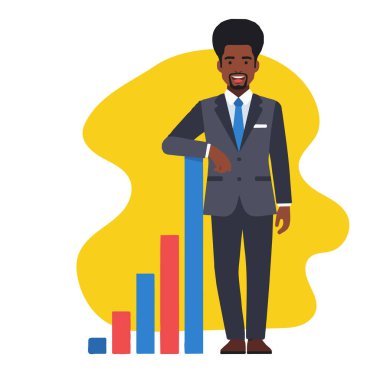 Afro İşadamı Büyüme Çizelgesi Düz Vektör İllüstrasyonuyla Duruyor