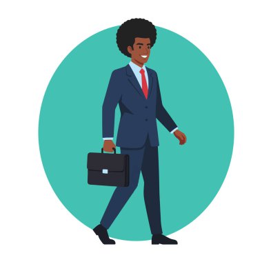 Afro Erkek İşadamı Evrak Çantası Düz Vektör İllüstrasyonuyla Yürüyor