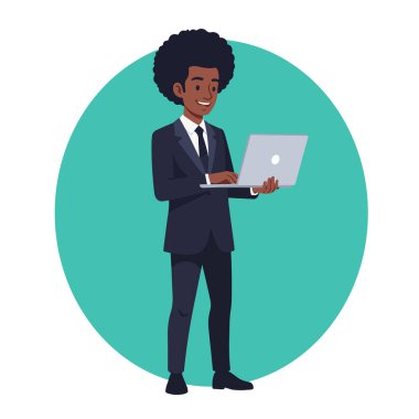 Laptop Düz Vektör Resmini Kullanan Afro Erkek İşadamı
