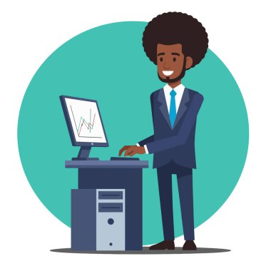 Veri Tablosu Düz Vektör İllüstrasyonuyla Bilgisayar Üzerinde Çalışan Afro İşadamı