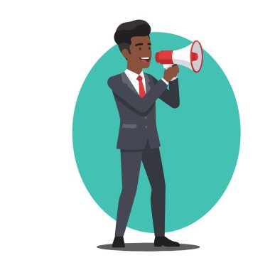 İşadamı Megafon Düz Vektör İllüstrasyonuyla Konuşuyor