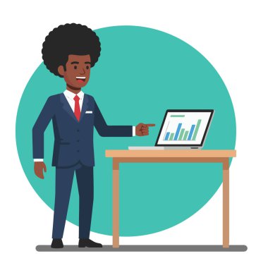 Afro İş Adamı Laptop Düz Vektör Resimlerinde Verileri Sunar
