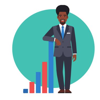Afro İşadamı Büyüme Çizelgesi Düz Vektör İllüstrasyonuyla Duruyor