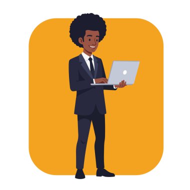 Laptop Düz Vektör Resmini Kullanan Afro Erkek İşadamı