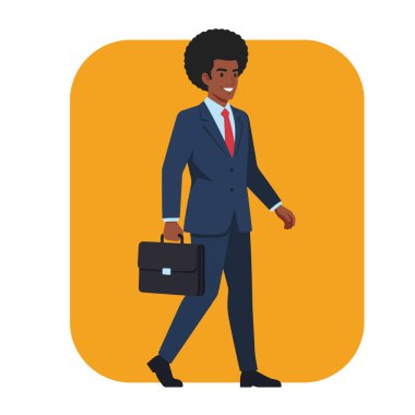 Afro Erkek İşadamı Evrak Çantası Düz Vektör İllüstrasyonuyla Yürüyor