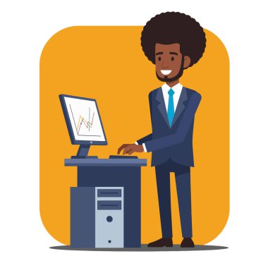 Veri Tablosu Düz Vektör İllüstrasyonuyla Bilgisayar Üzerinde Çalışan Afro İşadamı
