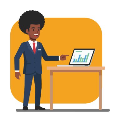 Afro İş Adamı Laptop Düz Vektör Resimlerinde Verileri Sunar